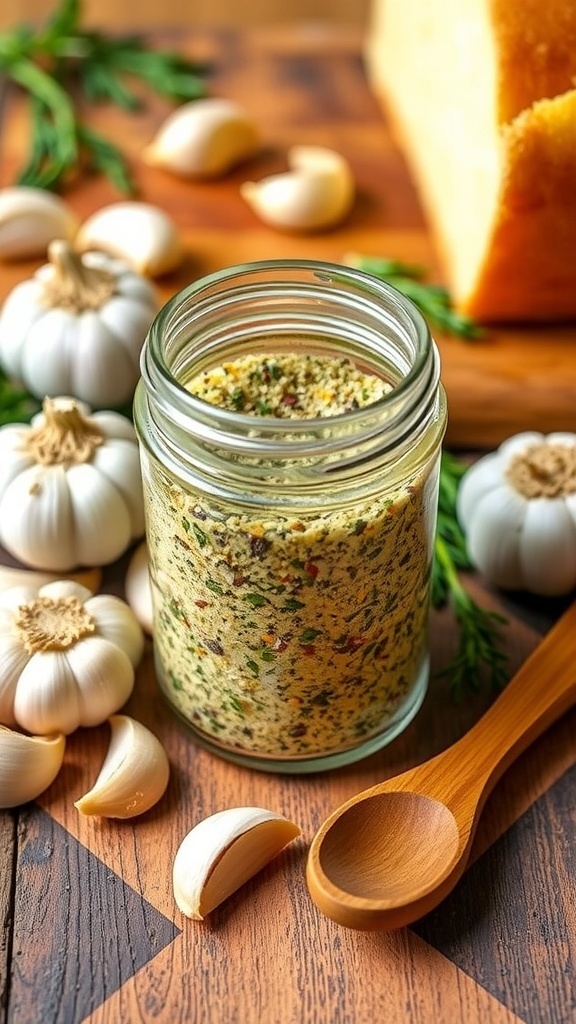 Homemade Garlic Bread Seasoning Recipe A jar of garlic bread seasoning with garlic cloves and herbs on a wooden table.
